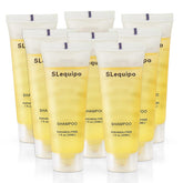 SLequipo shampoo travel bottle on a hotel shelf, compact carry-on friendly