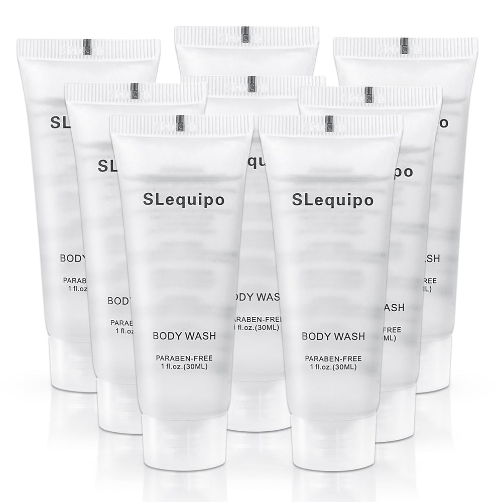 SLequipo travel size body wash with a foil seal for hotel hygiene.