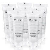 SLequipo travel size body wash with a foil seal for hotel hygiene.