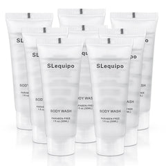 SLequipo travel size body wash with a foil seal for hotel hygiene.