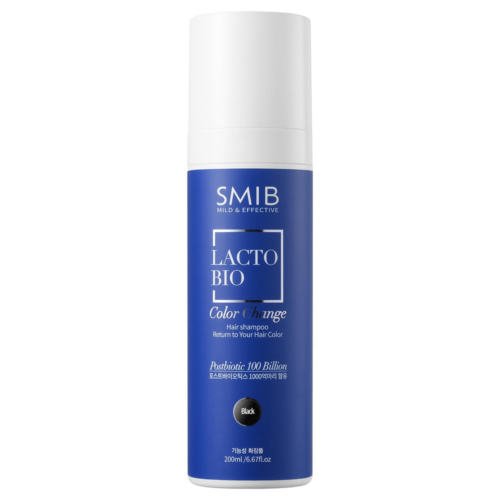 SMIB Lactobio Hair Dye Shampoo bottle showing gradual gray reduction for daily use