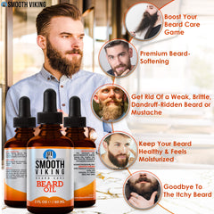 Hands massaging Smooth Viking Beard Oil into coarse hairs for softness.