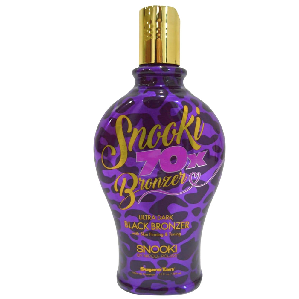 Snooki Ultra Dark 70X bottle pour reveals deep bronze potential on skin.