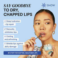 SNOW lip scrub close-up shows sugar crystals for gentle exfoliation