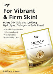 SNP 1000mg Collagen and 24K Gold mask on skin reveals luminous tone and refreshed feel