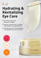 SNP 24K gold eye patch close-up highlighting luxurious formula for brightening under-eye area.