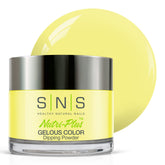 SNS Fashionista Yellow dip powder bottle close-up with rich color and low-odor formula.