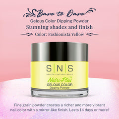 SNS Fashionista Yellow swatches on nails showing pastel cream shade for chic nail art.