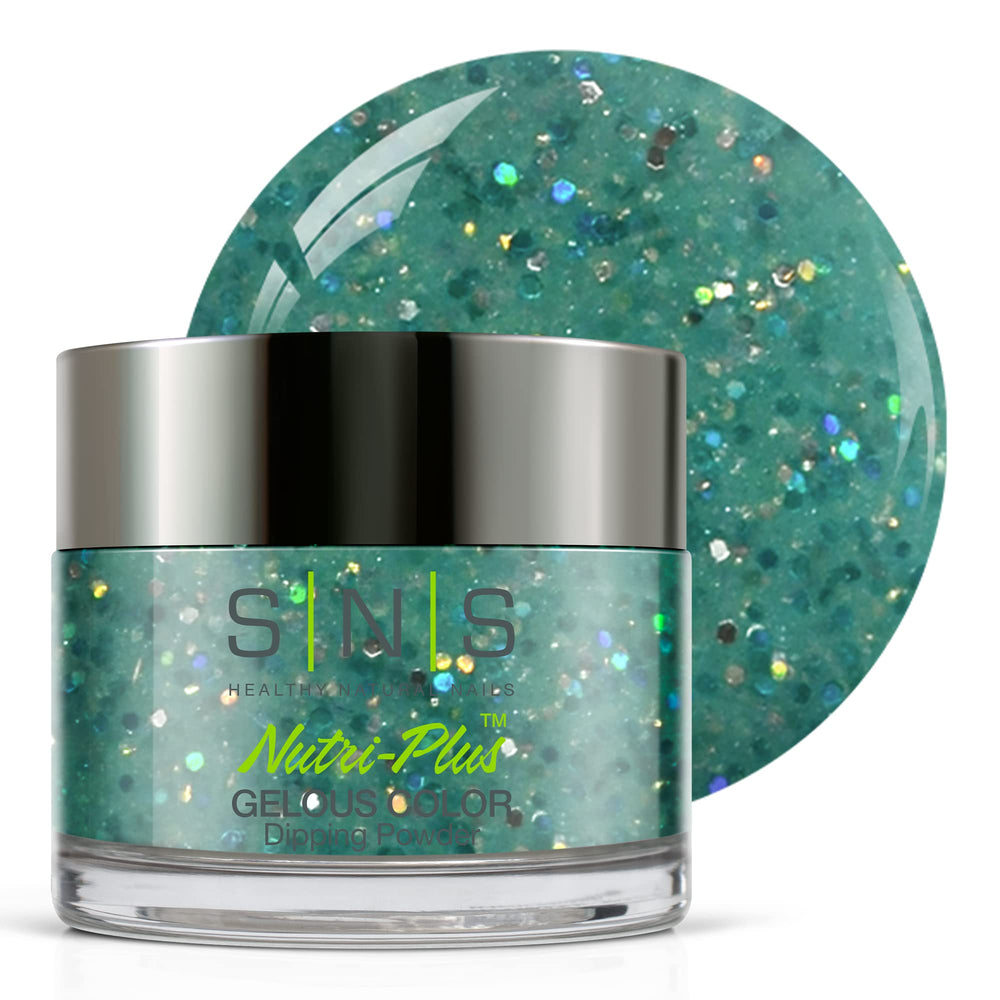 SNS Diamond Lake dip powder bottle shows vibrant green-aqua glitter for at-home wear