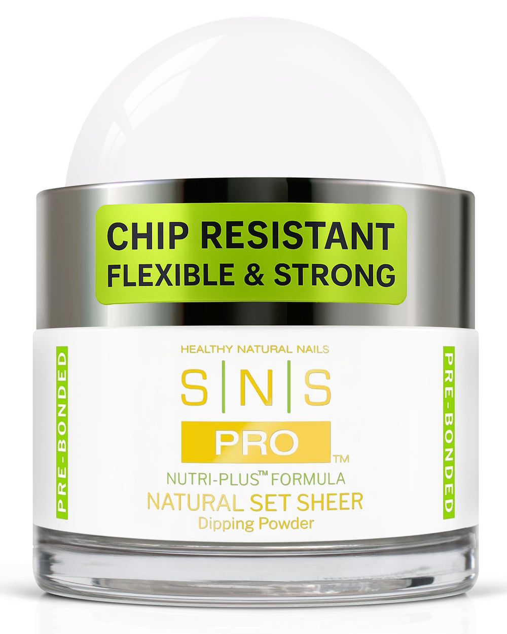 SNS Nail Dip Powder Natural Sheer bottle close-up with a glossy finish.
