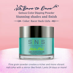 SNS dip powder swatch on nails shows turquoise-teal shimmer for vibrant results.