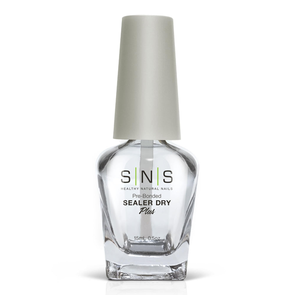 SNS Sealer Dry bottle closeup shows quick-dry action for durable dip powder finish.