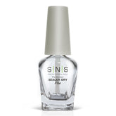 SNS Sealer Dry bottle closeup shows quick-dry action for durable dip powder finish.