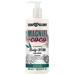 Soap & Glory Magnifi-Coco body lotion bottle on a bathroom counter, coconut-scented hydration.