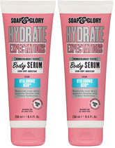 Soap & Glory Hydrate Expectations bottle-pour demonstrates quick hydration for smooth skin.