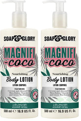Soap & Glory Magnifi-Coco bottle closeup highlighting rich hydration for dry skin.