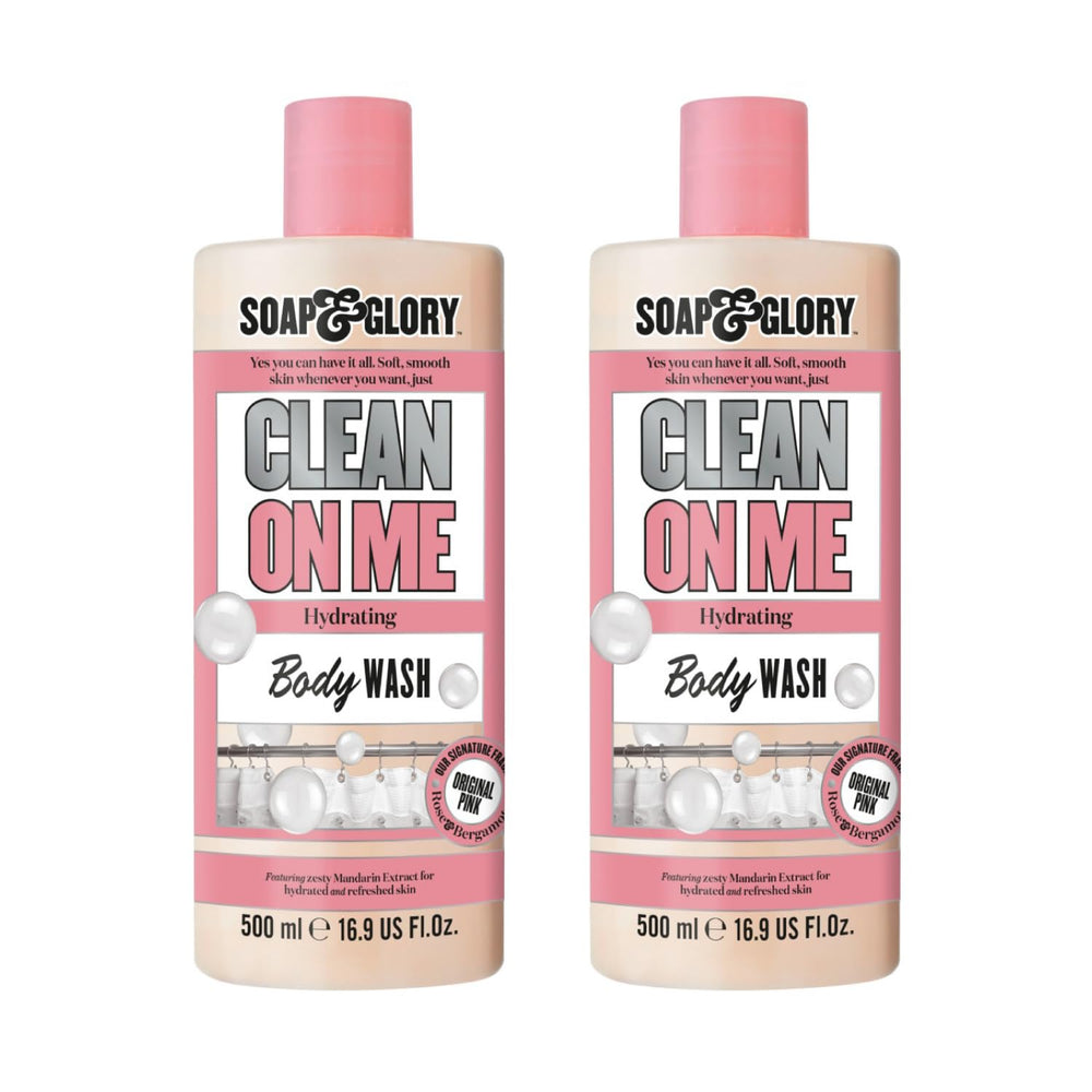 Soap & Glory Original Pink Clean On Me bottle highlighting bergamot-rose scent for a refreshing shower.