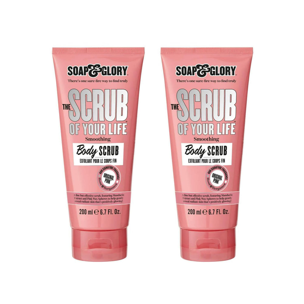 Soap & Glory Original Pink Scrub Of Your Life bottle closeup for velvety skin.
