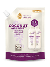 Soapbox Coconut Goji Berry refill bottle close-up shows moisturizing formula.
