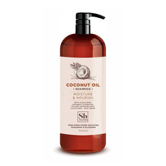 Soapbox Coconut Oil Shampoo bottle front, showing vegan and color-safe formula benefits