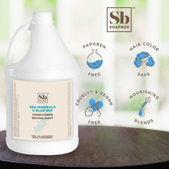 Soapbox Hair Conditioner Sea Minerals and Blue Iris label shows vegan and color-safe benefits.