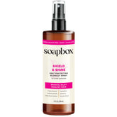 Soapbox Heat Protectant Spray bottle close-up showing vegan formula and heat protection