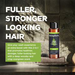 Soapbox Men hair care closeup emphasizes volumizing benefits and masculine scent.