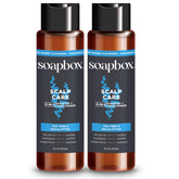 Soapbox Men's Scalp Care 2-in-1 shampoo bottle front shows Tea Tree & Eucalyptus blend.
