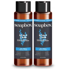 Soapbox Men's Scalp Care 2-in-1 shampoo bottle front shows Tea Tree & Eucalyptus blend.