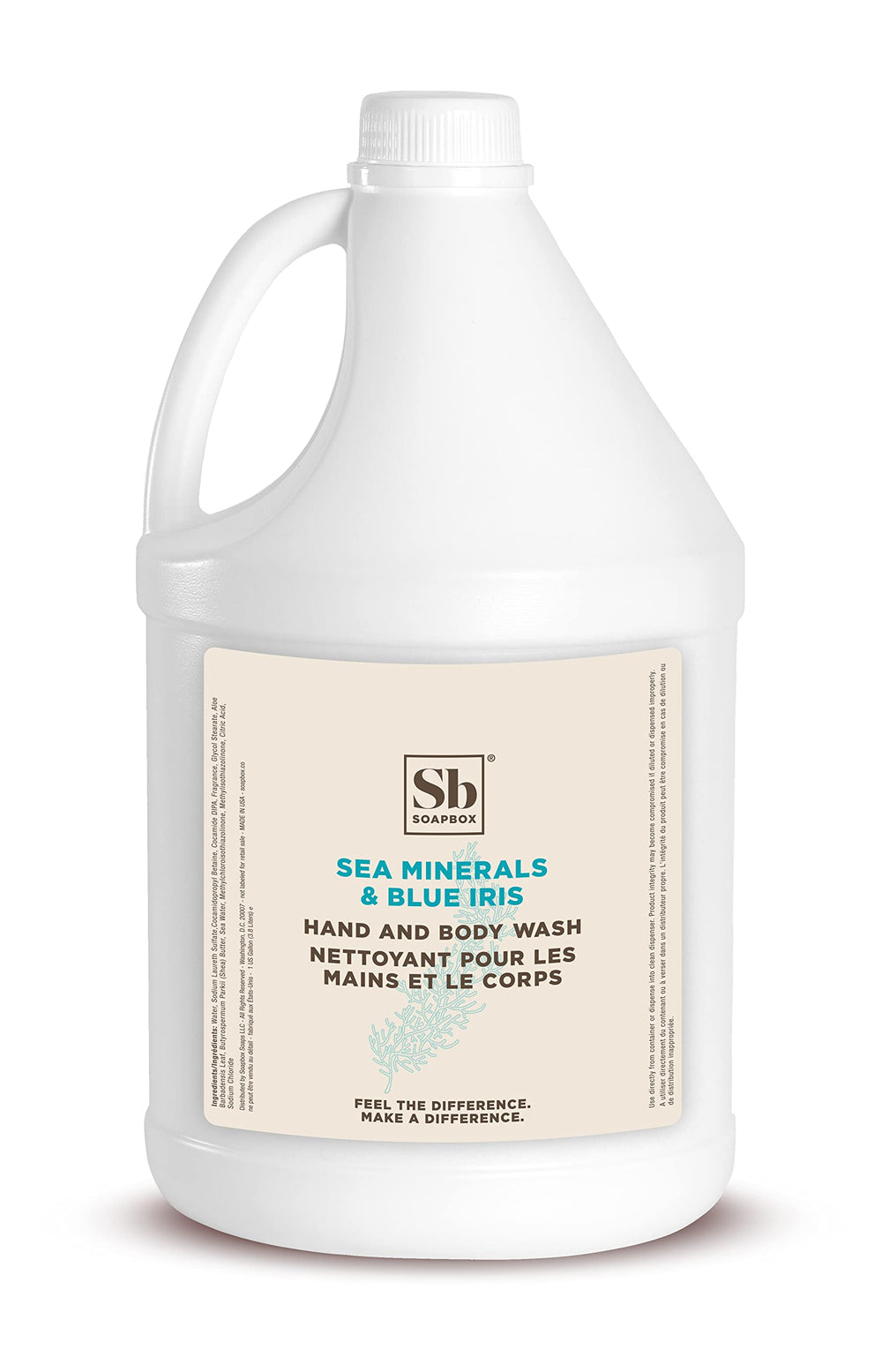 Soapbox Sea Minerals Blue Iris gallon bottle with ocean-inspired scent for home use.