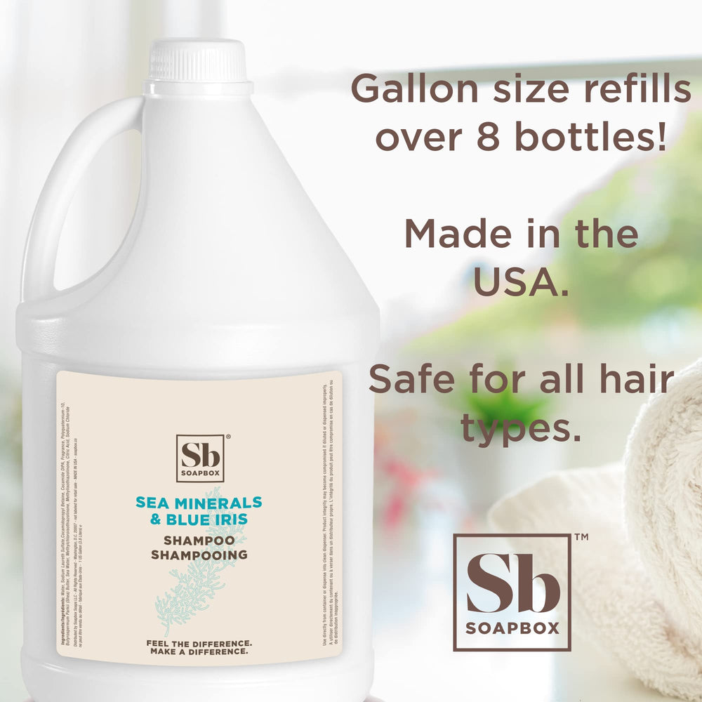 Soapbox Sea Minerals Blue Iris shampoo lather closeup showing rich cleansing formula.