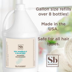 Soapbox Sea Minerals Blue Iris shampoo lather closeup showing rich cleansing formula.