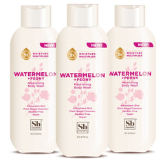 Soapbox Watermelon + Peony body wash bottle front, moisturizing formula highlighted.