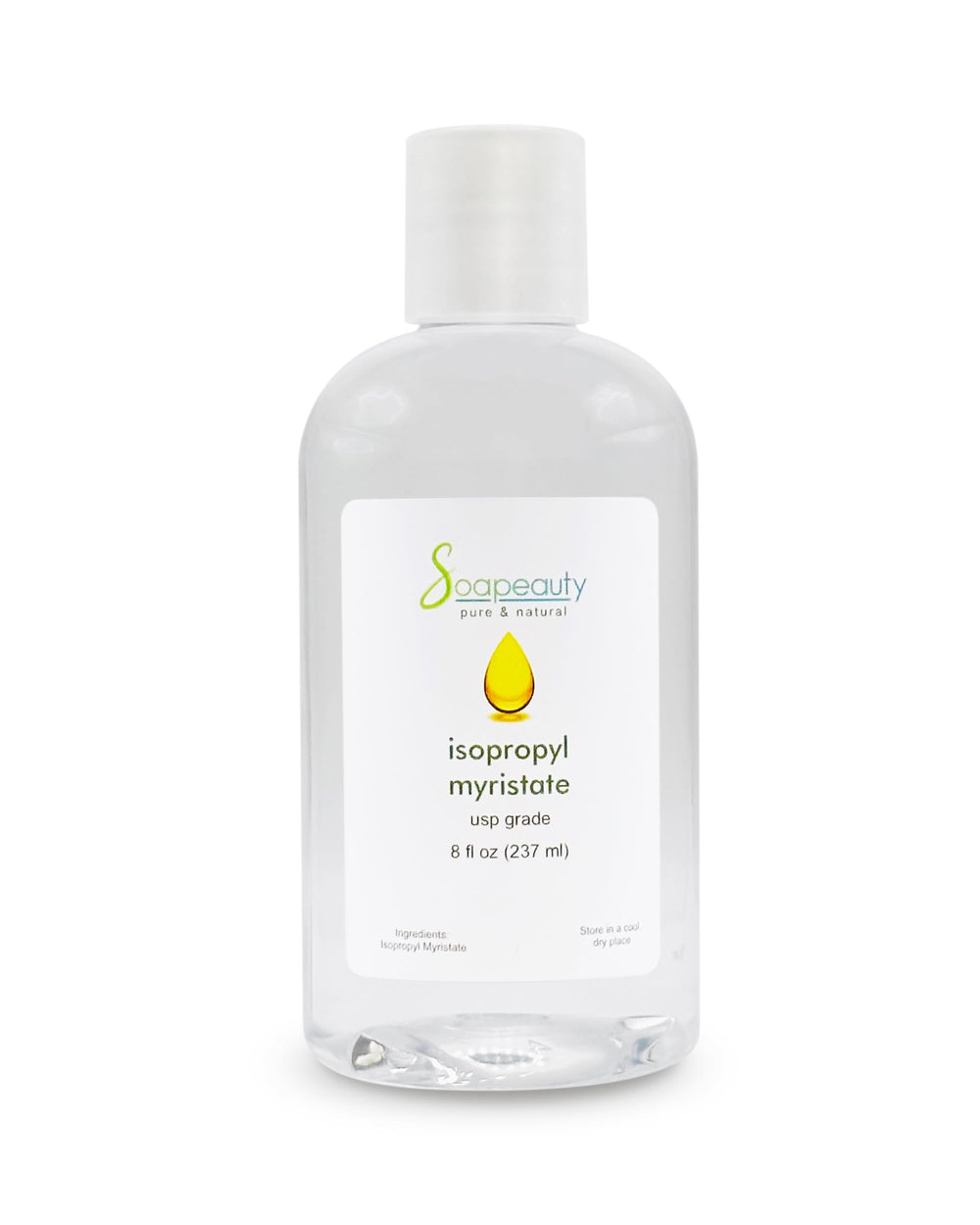 Soapeauty Isopropyl Myristate bottle closeup reveals a silky cosmetic-grade emollient.