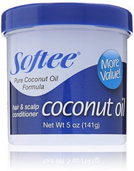 Softee Coconut Oil Hair and Scalp Conditioner bottle nourishes hair and scalp with coconut and jojoba oils