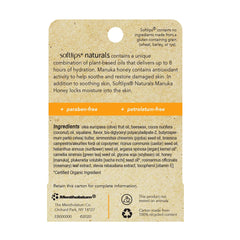 SoftLips Natural Manuka Honey lip balm pack-3 back label shows ingredients and cruelty-free promise.