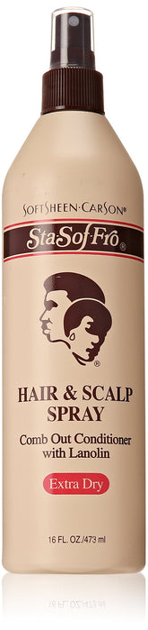 SoftSheen-Carson Sta-Sof-Fro hair spray bottle showing conditioning formula for dry hair