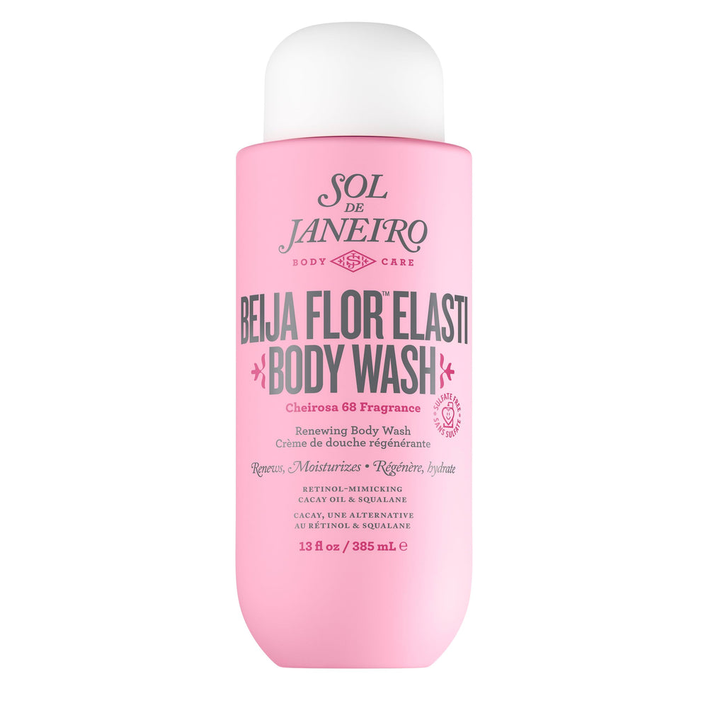 Sol de Janeiro Beija Flor Body Wash bottle closeup shows the gel formula for moisturizing cleanse
