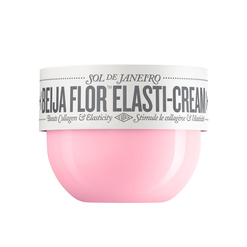 Sol de Janeiro Beija Flor Elasti-Cream jar closeup highlights luxurious hydration and potential firmness