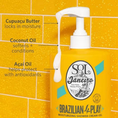 Sol de Janeiro Brazilian Play pump-dispense action in shower routine.