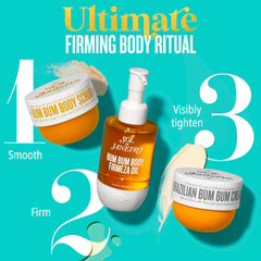 Sol de Janeiro Bum Bum Firmeza Oil bottle highlights quick-absorbing hydration for soft skin.