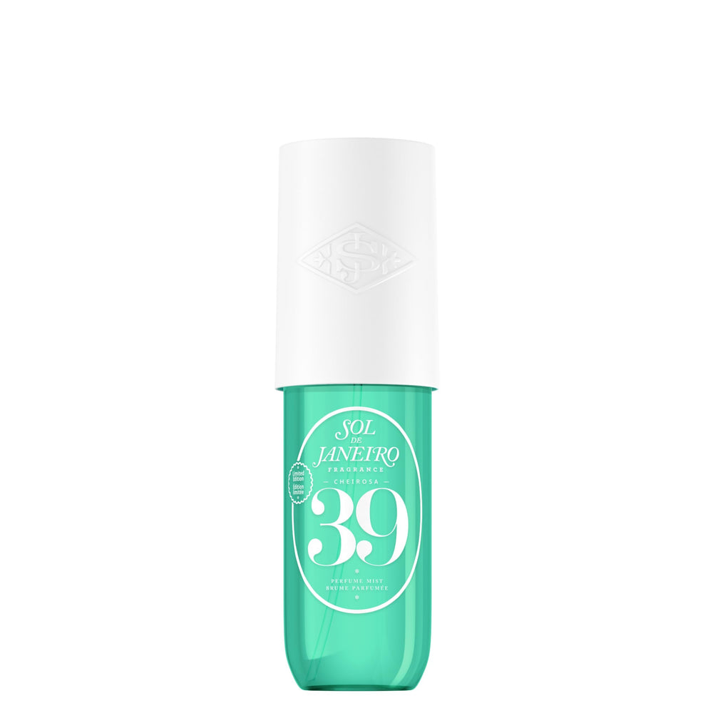 Sol de Janeiro Cheirosa 39 mist bottle closeup highlighting coconut cream aroma and tropical glow.