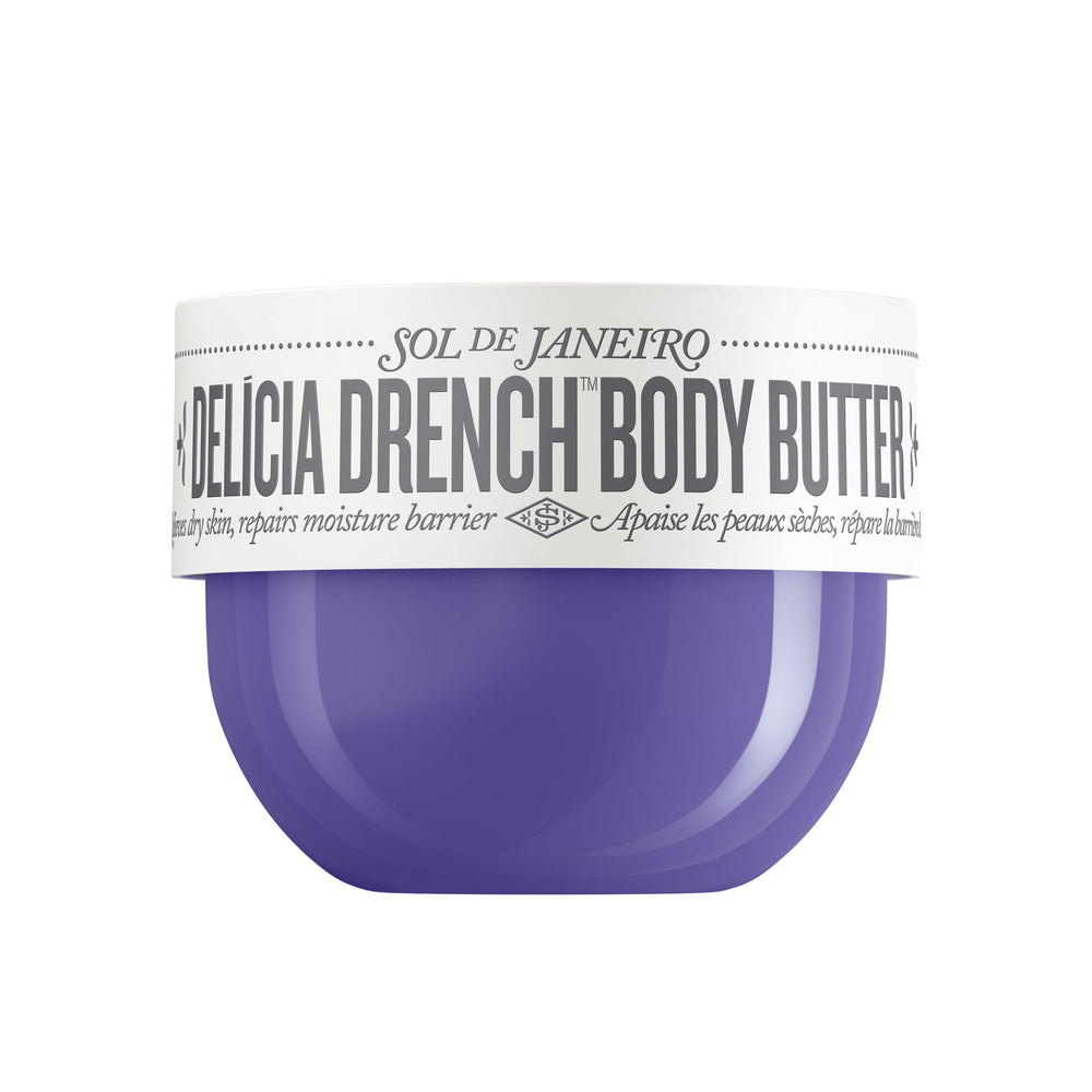 Sol de Janeiro Delicia Drench jar close-up showing rich whipped hydration for dry skin.