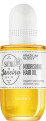 Sol de Janeiro Glossy Nourishing Hair Oil bottle showing frizz control and shine.