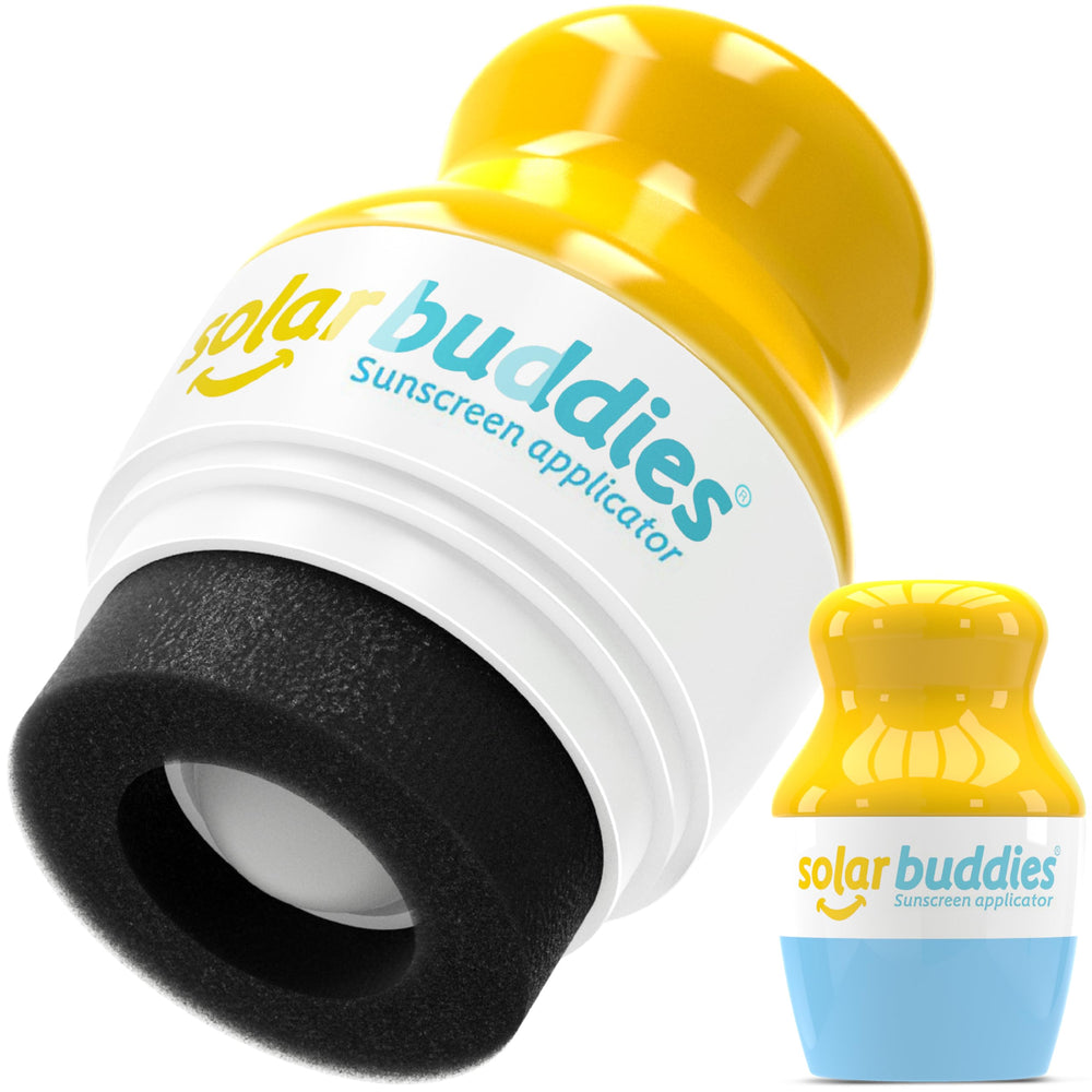 Solar Buddies sunscreen applicator in blue shows smooth roll-on for precise coverage.