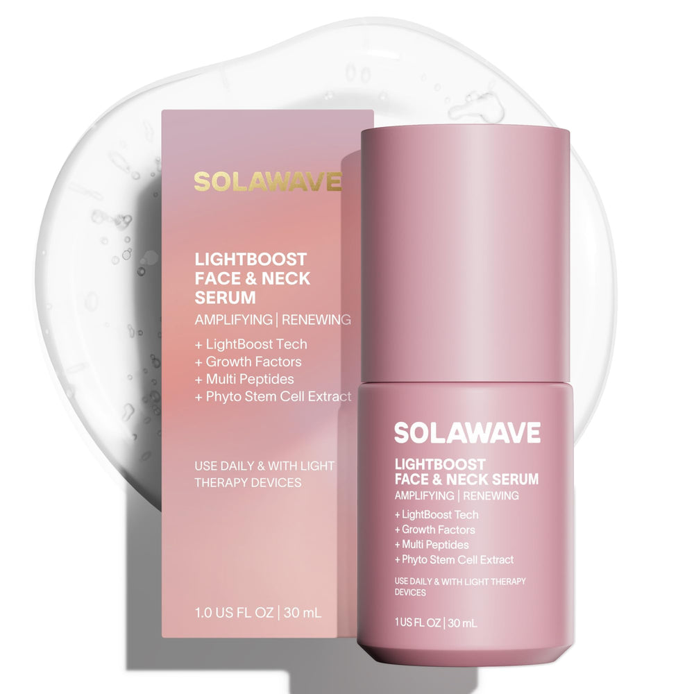Solawave LightBoost serum bottle closeup showing premium packaging and clean formula for safe use.