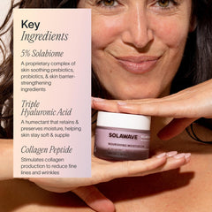 Solawave Probiotic Cloud Cream ingredients graphic emphasizing HA, peptides, and prebiotic care.