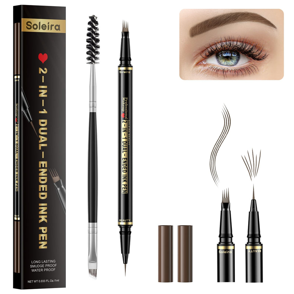 Soleira Eyebrow Pen with 4-tip microblading creates natural hair-like strokes for fuller brows.