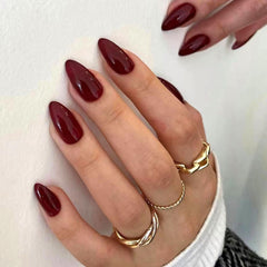 Wine Red press-on nails in medium almond shape for quick daily manicure