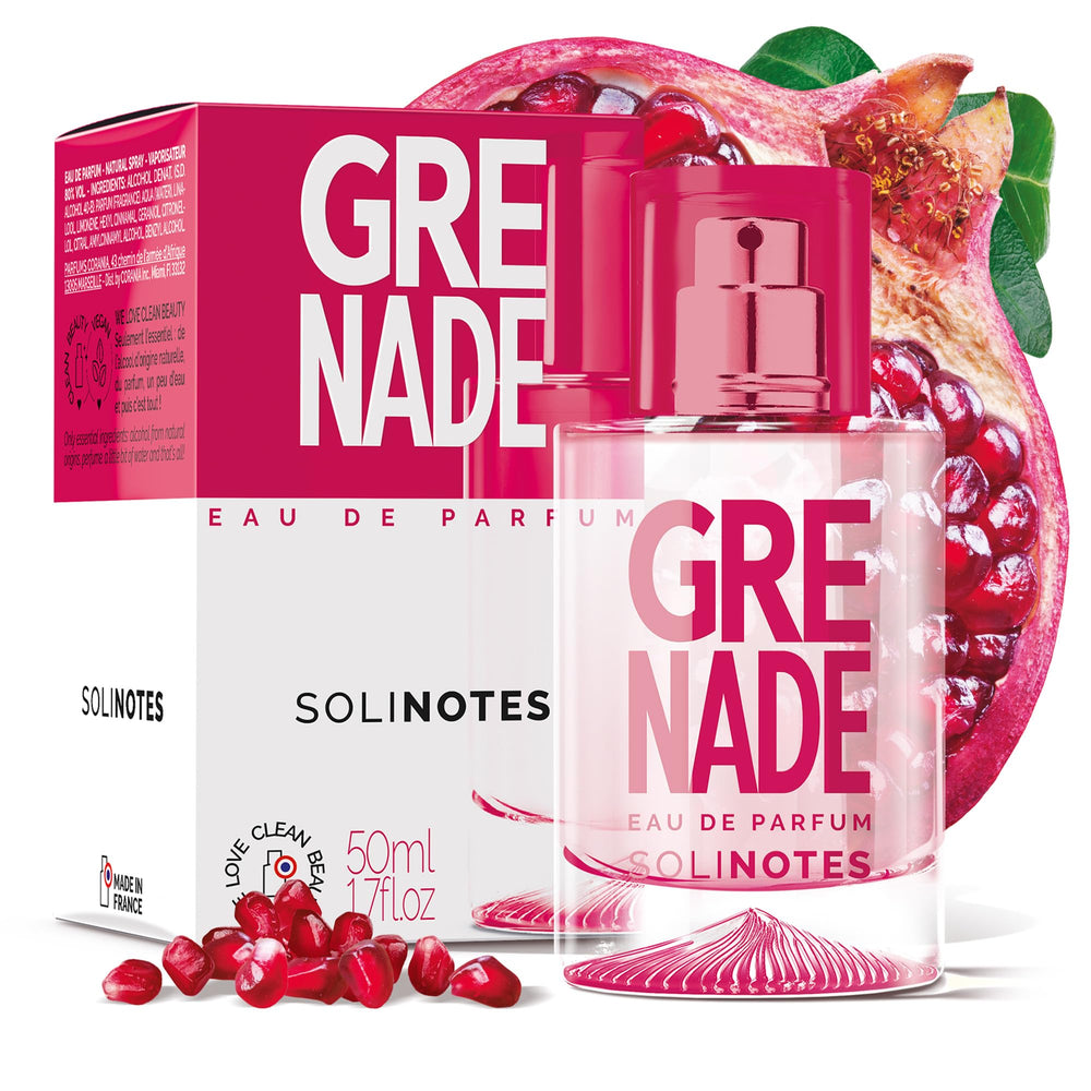 Solinotes Grenade bottle front view, a vibrant summer-ready scent for everyday freshness.